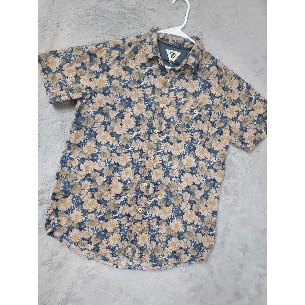 Vissla Shirt Mens Medium Floral Short Sleeve Button Up Blue Tan Surfer Beach M
